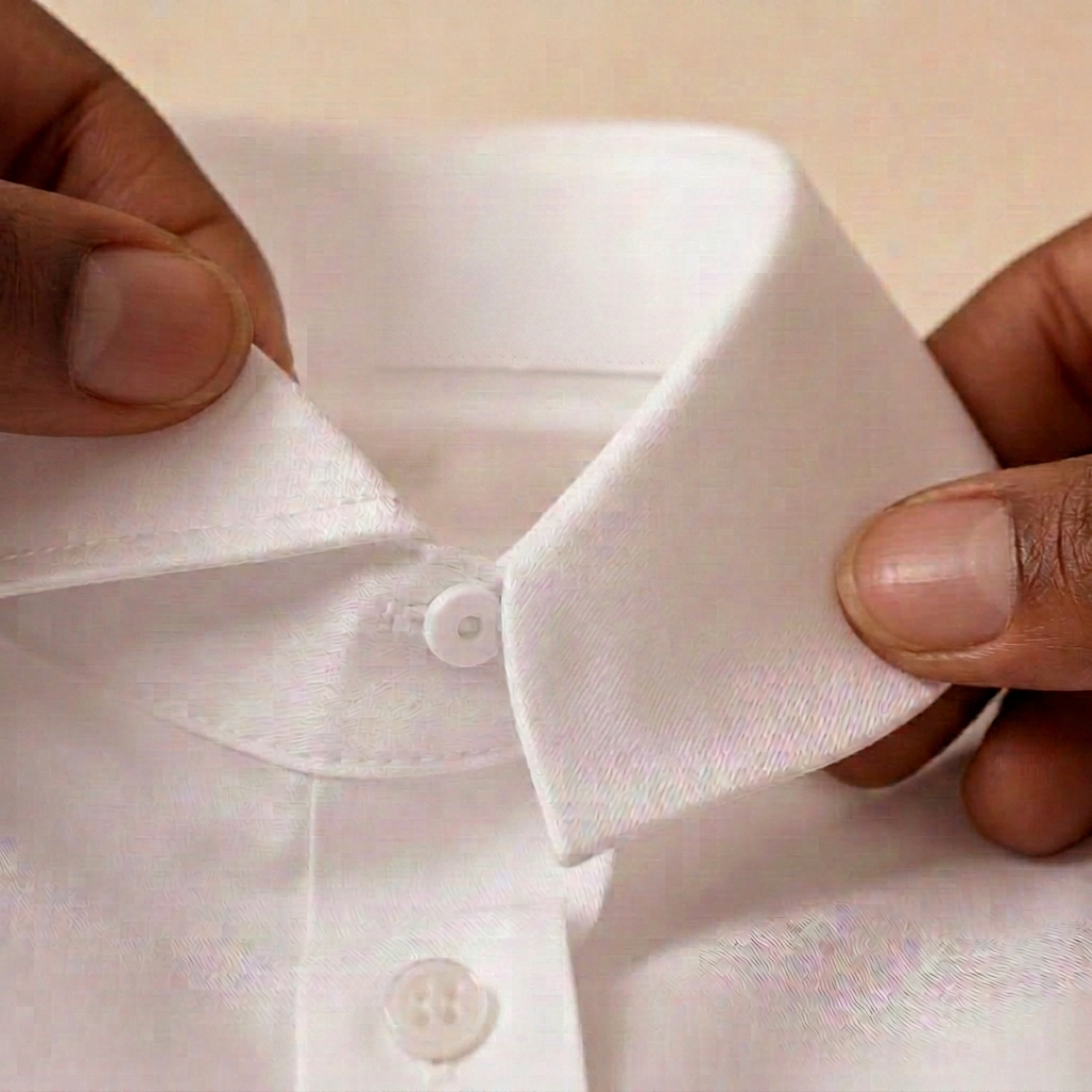 Placeholder product image: hands attaching an interchangeable collar component to a white dress shirt neckline