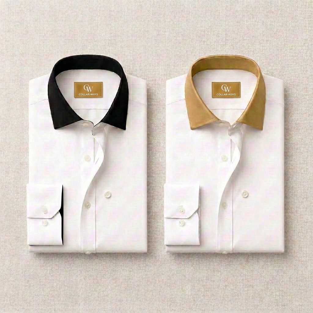 Placeholder product image: two identical white shirts shown with different collar components for style comparison